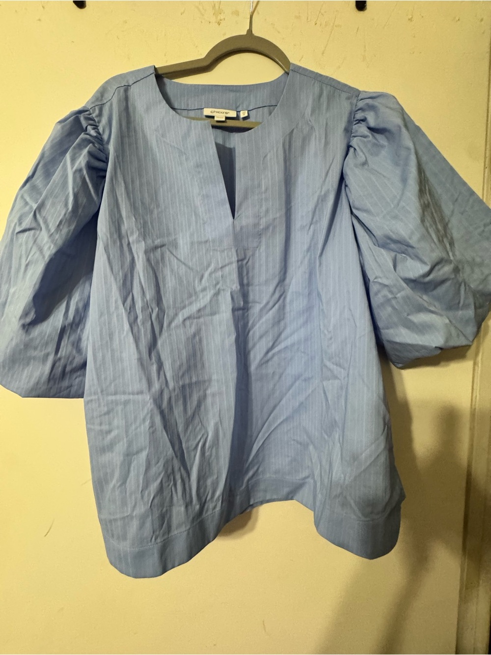 Chico's Light Blue Pinstripe Puff-Sleeve Blouse